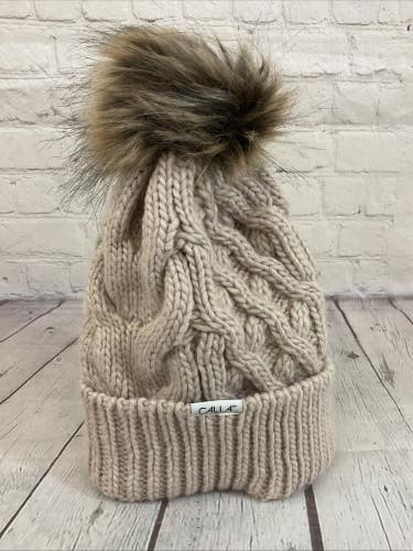Calia CAC2311 Women's Cable Knit Acrylic Pom Beanie Natural Tan OSFM