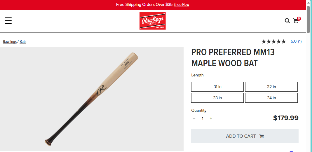 Rawlings Pro Label Series Manny Machado Maple Bat (-3) 30 oz 33" (New)