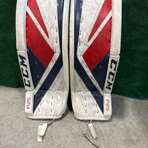 White Blue & Red Intermediate CCM Premier P2.5 Goalie Leg Pads (Used) | 30” + 1”