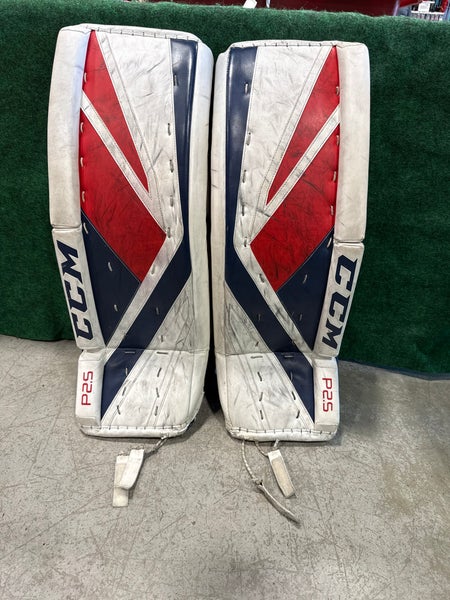 White Blue & Red Intermediate CCM Premier P2.5 Goalie Leg Pads (Used) | 30” + 1”