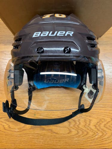 Bauer Re-akt 65 Pro Stock Game Used Hockey Helmet with Bauer Visor Size Medium Brown Bruins