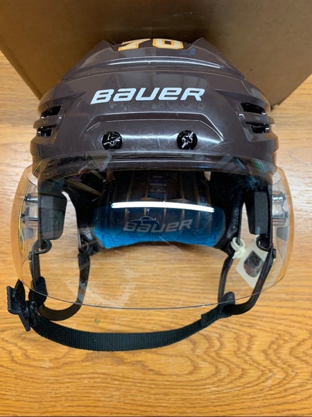 Bauer Re-akt 65 Pro Stock Game Used Hockey Helmet with Bauer Visor Size Medium Brown Bruins