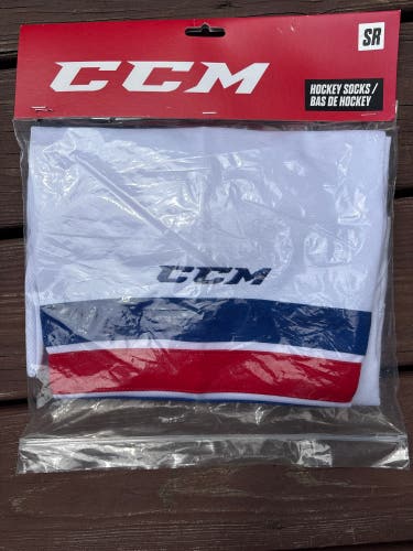 New CCM SX8000 Socks Sr. 30” White/Royal/Red
