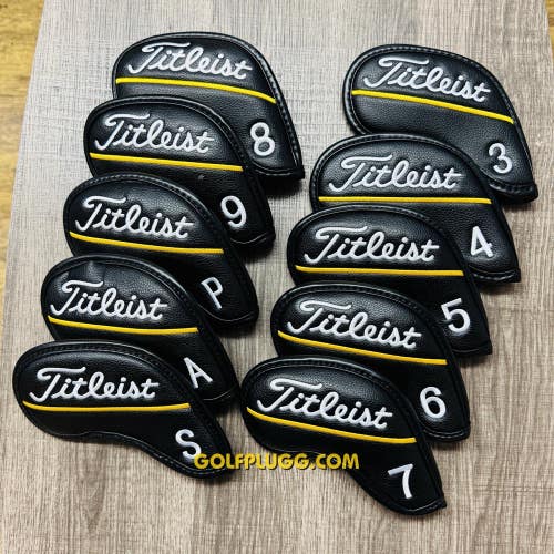 3-SW Titleist Iron Covers Black/Gold Leather With Magnetic Close (2140)