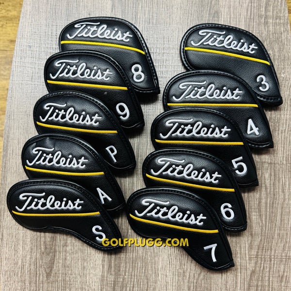 3-SW Titleist Iron Covers Black/Gold Leather With Magnetic Close (2140)