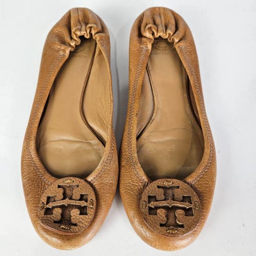 Tory Burch Minnie Travel Ballet Stretchy Brown Leather Flats Women's Size: 10 M