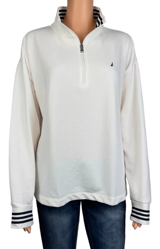 Nautica Womens Large Pullover Sweatshirt White Quarter-Zip Large Shirt Blouse