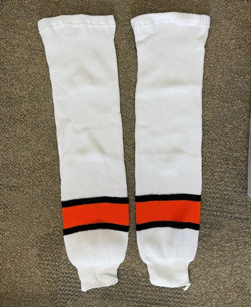 31 Pairs of White/Orange/Black Senior Large Knit Hockey Socks