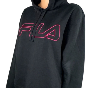 Fila Womens Black Hoodie Sweatshirt Pink Logo Pullover Long Sleeve Size Large