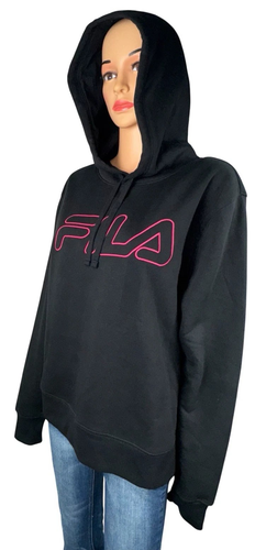 Fila Womens Black Hoodie Sweatshirt Pink Logo Pullover Long Sleeve Size Large