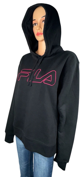 Fila Womens Black Hoodie Sweatshirt Pink Logo Pullover Long Sleeve Size Large