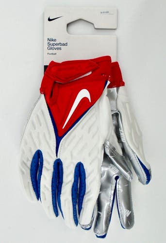 NWT nike Superbad 6.0 Mens Sz small Padded Football Gloves silver/White-red-blue