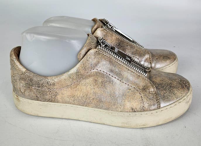 Frye Lena Leather Zip Sneakers Low Top Brown/Beige Shoes Women's Size 8.5 M
