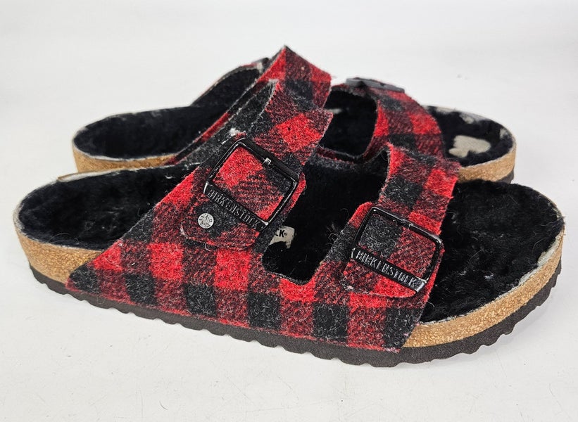 Birkenstock Arizona Rivet Buffalo Plaid Red Black Shearling Lined Sandals 42/11