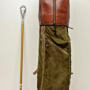 Vintage Spalding Brown Leather & Green Canvas Golf Club Bag Pebble Beach Towel++