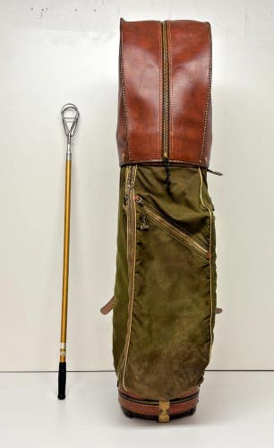 Vintage Spalding Brown Leather & Green Canvas Golf Club Bag Pebble Beach Towel++