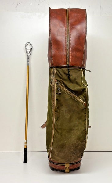 Vintage Spalding Brown Leather & Green Canvas Golf Club Bag Pebble Beach Towel++
