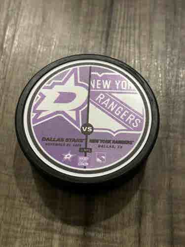 Dallas Stars vs New York Rangers Hockey Fights Cancer Hockey Puck