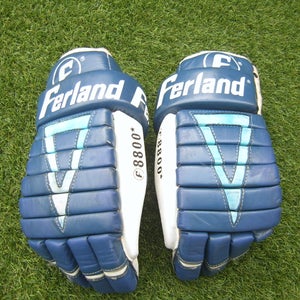 Used Old School Leather Ferland Brand F8800 Senior Ice Hockey Gloves Blue and White