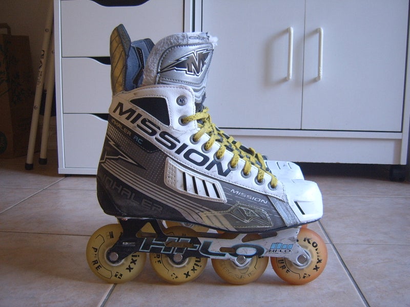 Good Condition Mission Inhaler AC4 Inline Roller Hockey Skates sz 9D w/Konixx Pure Wheels