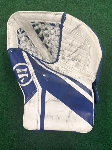 White & Blue Junior Warrior Ritual G6 E+ Goalie Glove Regular (Used)