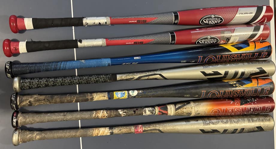 Lot of 7 2024 Louisville Slugger BBCOR (-3) 31 oz 34" (Used and New) Omaha, PWR Select, Atlas, 515