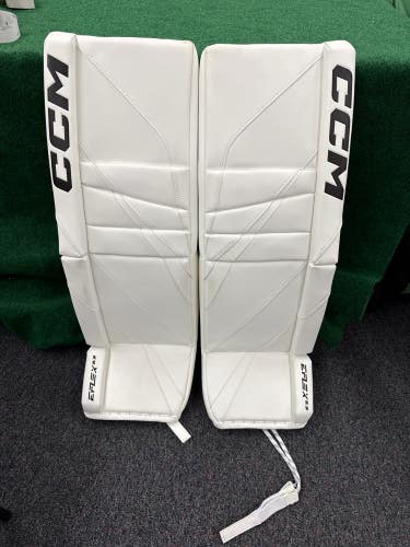 White Senior CCM Eflex 6.9 Goalie Leg Pads (New) | 34”+2”