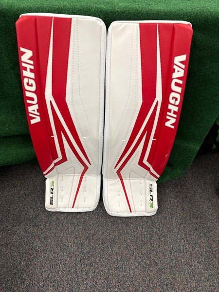 White & Red Junior Vaughn SLR3 Goalie Leg Pads (New) | 30”+2”
