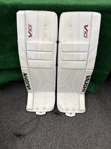 White Intermediate Vaughn Velocity V10 Goalie Leg Pads (New) | 31”+2”