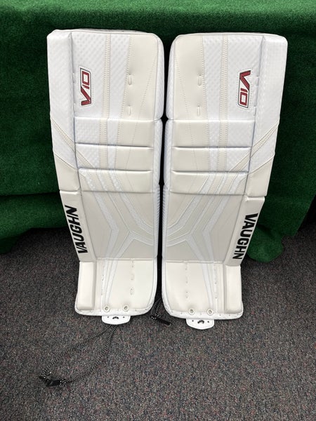 White Intermediate Vaughn Velocity V10 Goalie Leg Pads (New) | 31”+2”