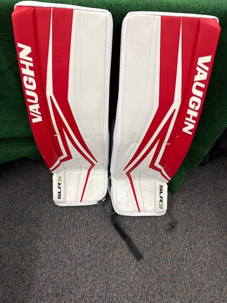 White & Red Junior Vaughn SLR3 Goalie Leg Pads (New) | 30”+2”