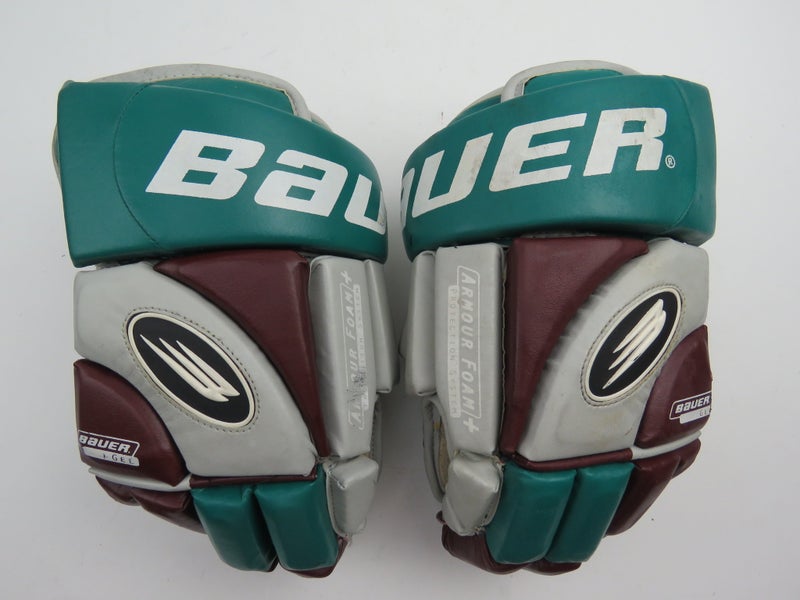 Vintage Bauer 5000 Anaheim Ducks Leather NHL Pro Stock Hockey Gloves 14"