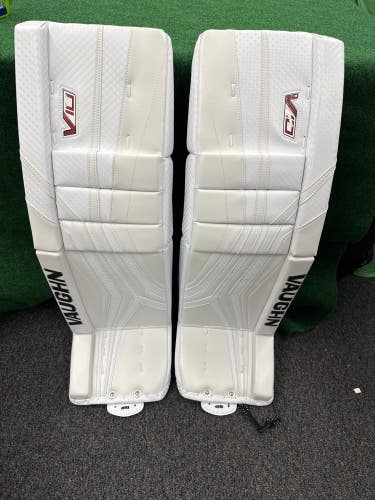 White Senior Vaughn Velocity V10 Pro Goalie Leg Pads (New) | 35” + 2”