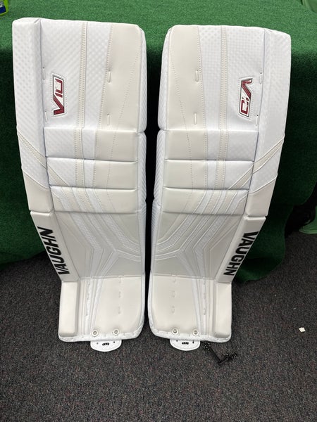 White Senior Vaughn Velocity V10 Pro Goalie Leg Pads (New) | 35” + 2”