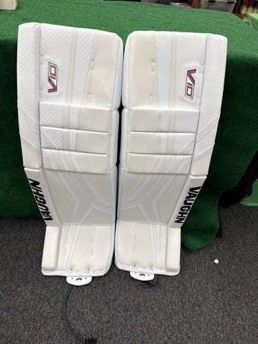 White Senior Vaughn Velocity V10 Pro Goalie Leg Pads (New) | 34”+ 2”