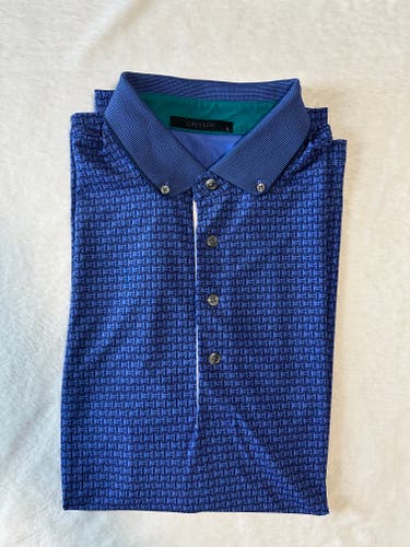 Greyson Performance Golf Polo Blue All Over Print Wolf Logo Stretch Mens L Large