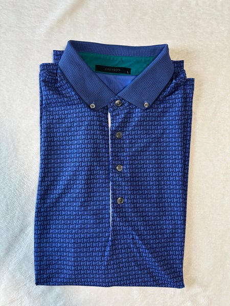 Greyson Performance Golf Polo Blue All Over Print Wolf Logo Stretch Mens L Large