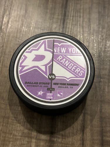 New York Rangers vs Dallas Stars NHL Hockey Fights Cancer Hockey Puck 11/20/2023
