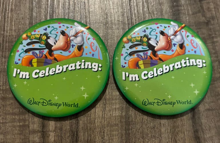 Walt Disney World I’m Celebrating Button Pins Lot of 2 Brand New