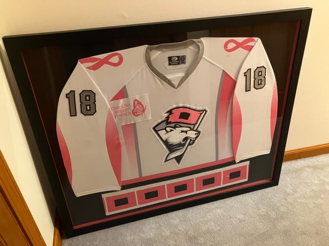 Charlotte Checkers AHL #18 Game Worn White/Pink Jersey Custom Black/Pink Frame