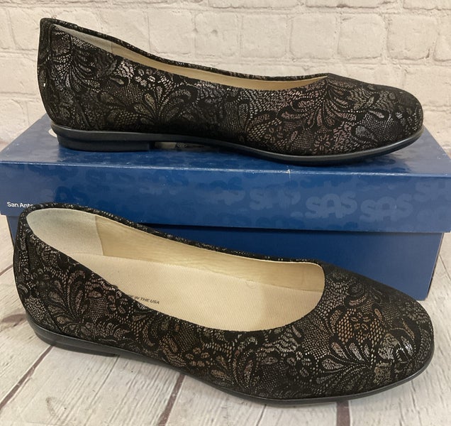 SAS 3240-615 Women's SCENIC Leather Ballet Flat Black Lace US 8.5 W