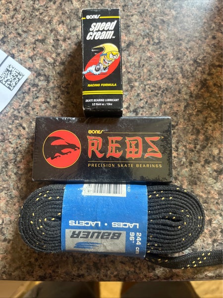 Bones Reds 8mm Bearings 16ct BRACBR816, Bones Speed Cream, 96” Bauer Laces