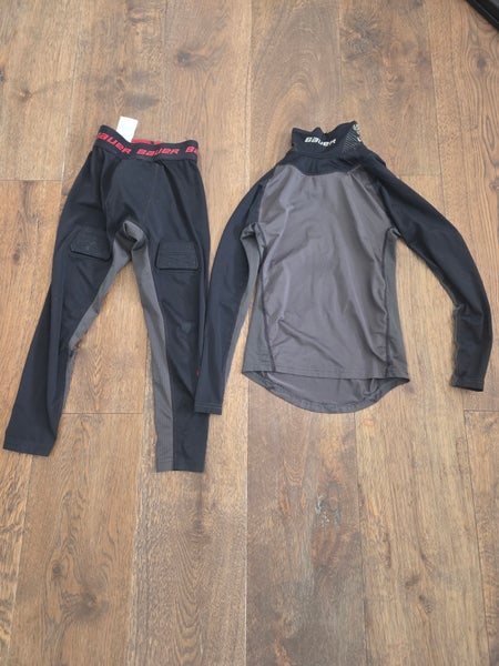 Bauer Youth XS set of neck protection shirt and compression pants with cup and velcro (Used)