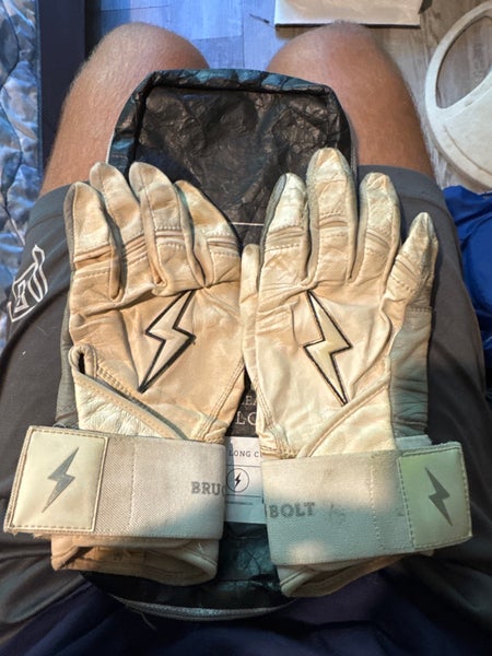 Bruce bolt long cuff white and silver batting gloves