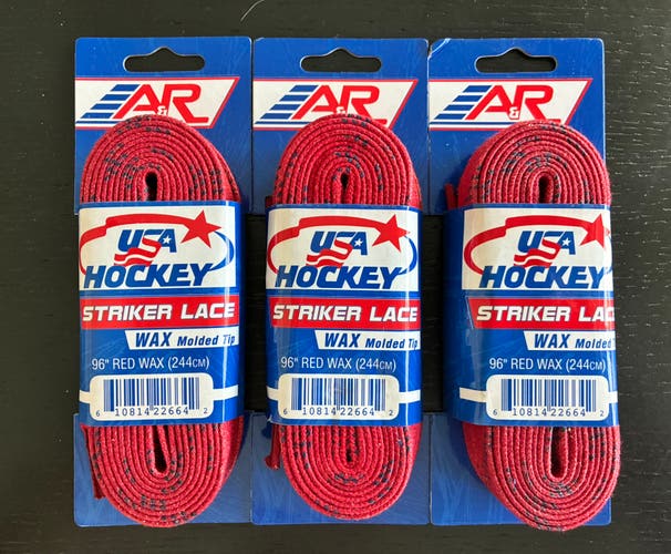 Three Pairs Waxed Red Hockey Laces, 96” New
