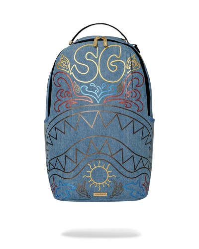 Sprayground Metallic Printed Denim Shark DLXSV Unisex Light Blue Backpack DSB5
