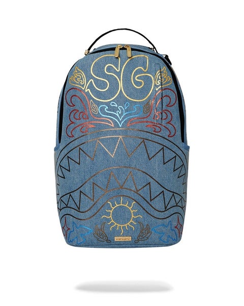 Sprayground Metallic Printed Denim Shark DLXSV Unisex Light Blue Backpack DSB5