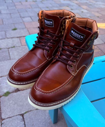 Men's Steve Madden Dustin Boots - Size 10.5 Brown Leather Ankle Side Zip/Lace Up
