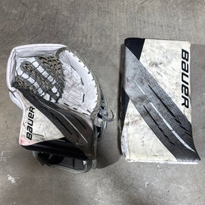 White Senior Bauer Hyperlite Goalie Gloves & Blockers Regular Pro Stock (Used)