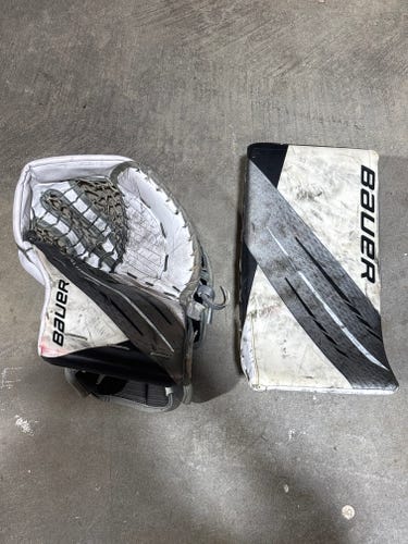 White Senior Bauer Hyperlite Goalie Gloves & Blockers Regular Pro Stock (Used)